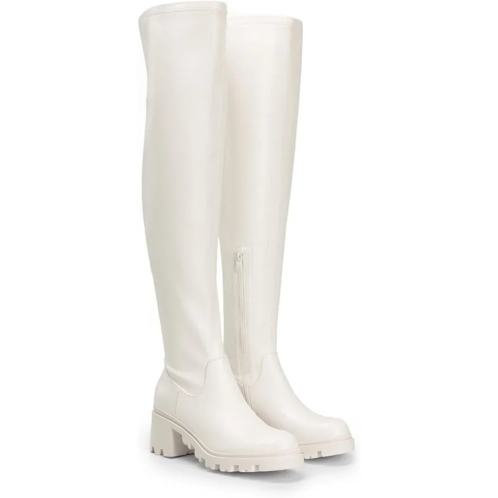 Women's White-pu Faux Leather Knee High Over The Knee High Chunky Heel Boots